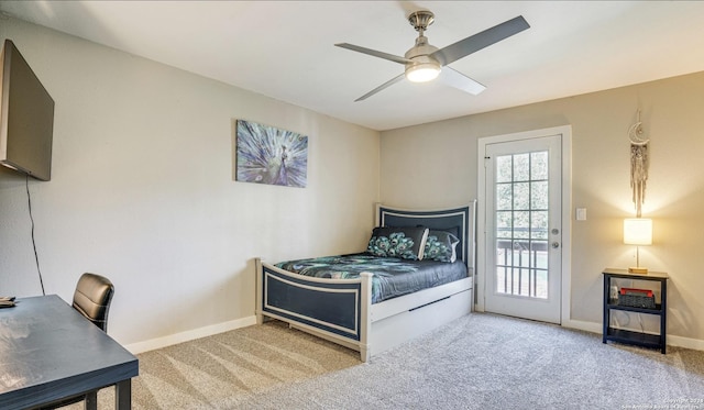 bedroom with light carpet, access to outside, and ceiling fan