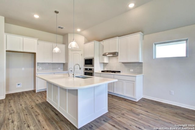 kitchen with sink, white cabinets, a kitchen island with sink, and stainless steel appliances