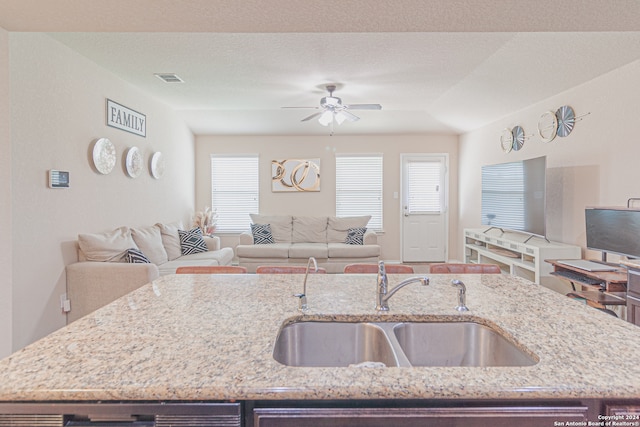 kitchen with light stone countertops, sink, and an island with sink