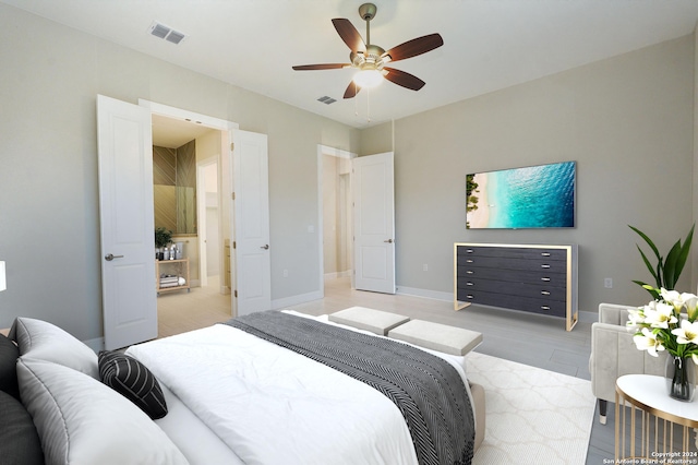 bedroom featuring light hardwood / wood-style flooring and ceiling fan