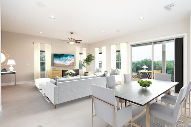 living room featuring light wood-type flooring and ceiling fan