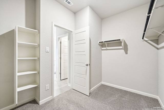 spacious closet featuring light colored carpet