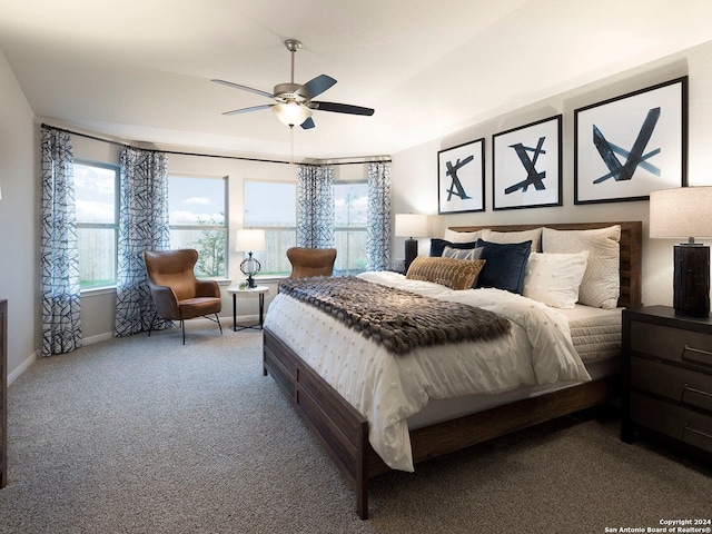 bedroom featuring ceiling fan and carpet flooring