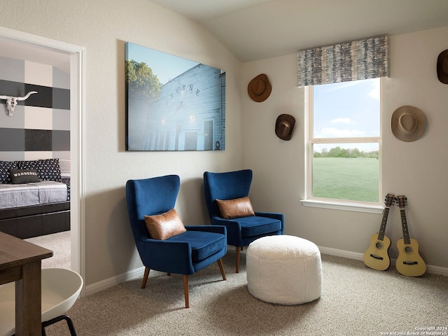 living area featuring lofted ceiling and carpet flooring