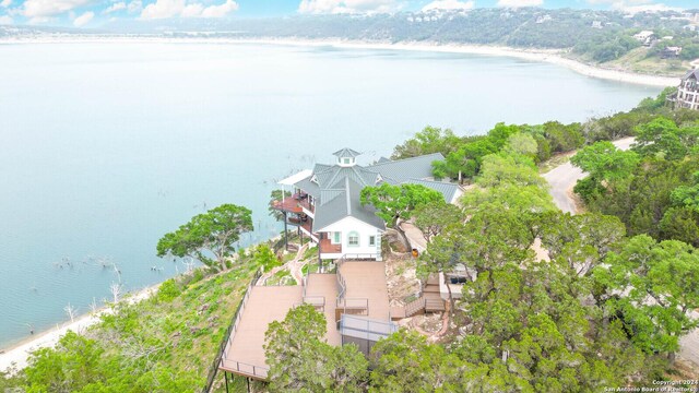 aerial view featuring a water view