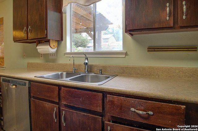 kitchen featuring dark brown cabinetry, sink, and stainless steel dishwasher