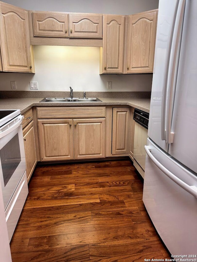 kitchen featuring light brown cabinetry, dark wood-type flooring, sink, and white appliances