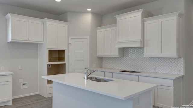 kitchen featuring sink, an island with sink, and white cabinets