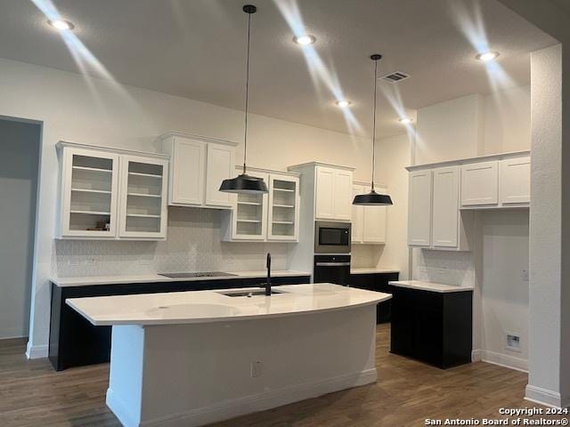 kitchen with sink, an island with sink, and white cabinets