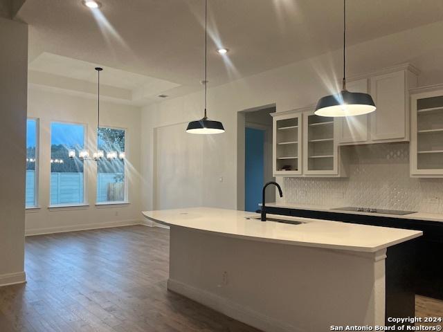 kitchen featuring an island with sink, a tray ceiling, sink, and decorative light fixtures