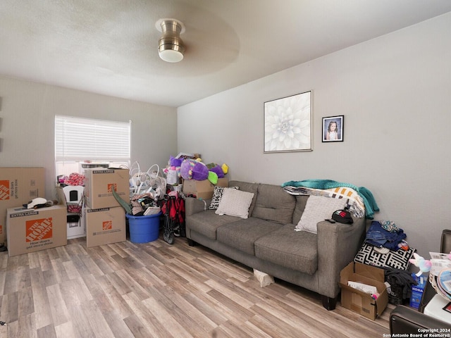 living room with ceiling fan and light wood-type flooring