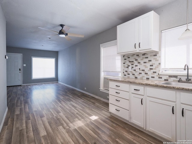 kitchen featuring sink, white cabinetry, ceiling fan, dark wood-type flooring, and decorative backsplash