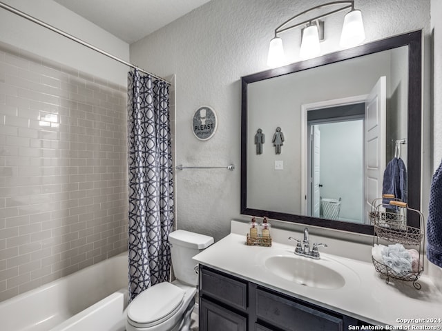 full bathroom featuring shower / bath combination with curtain, vanity, and toilet