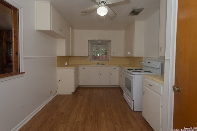 kitchen with light hardwood / wood-style flooring, ceiling fan, white cabinets, and white electric range oven