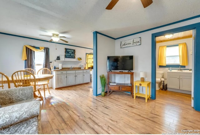 living area featuring crown molding, light wood-style flooring, a textured ceiling, and ceiling fan