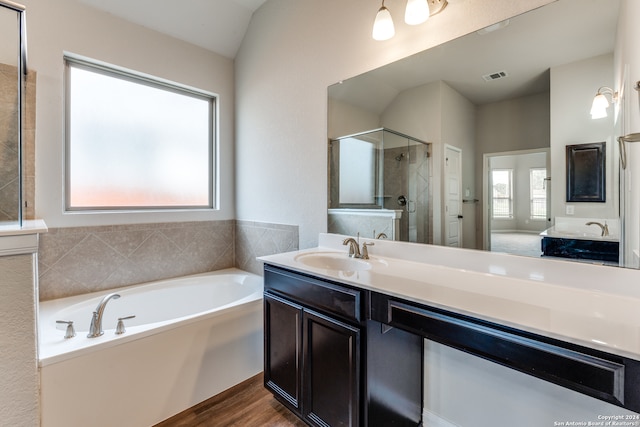 bathroom with wood-type flooring, plus walk in shower, and vanity