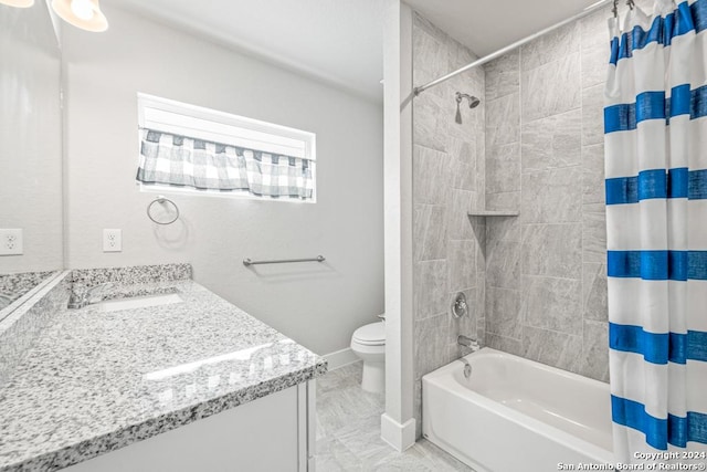 full bathroom with vanity, toilet, and shower / bathtub combination with curtain