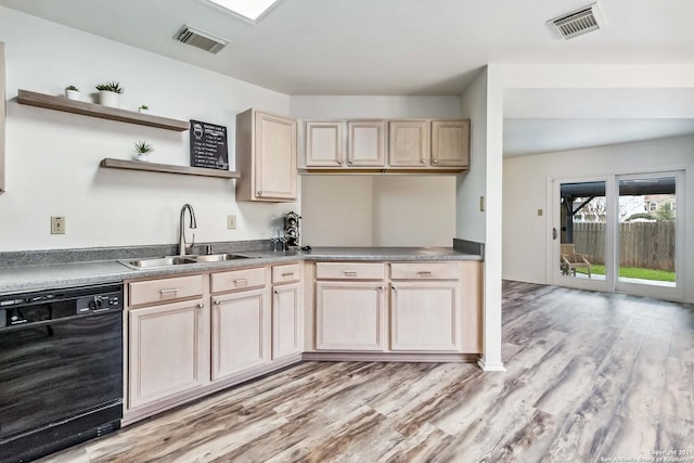 kitchen with sink, light hardwood / wood-style flooring, dishwasher, and light brown cabinets