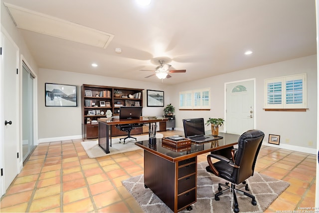 office with light tile patterned flooring and ceiling fan