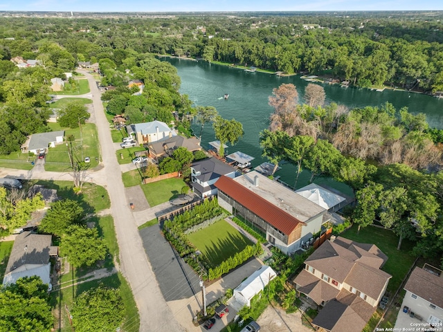 drone / aerial view featuring a water view