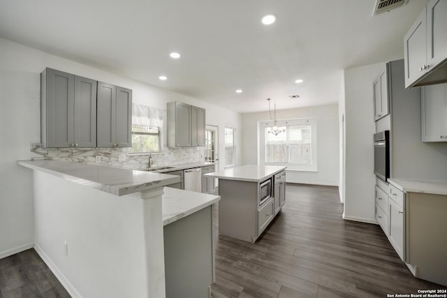 kitchen featuring sink, gray cabinets, kitchen peninsula, a kitchen island, and stainless steel appliances