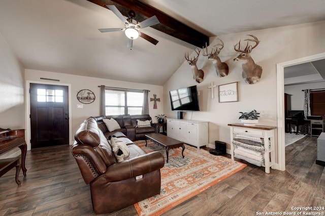 living room featuring ceiling fan, lofted ceiling with beams, and dark hardwood / wood-style floors