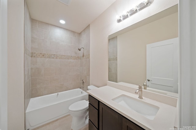 bathroom with vanity, visible vents, recessed lighting, shower / bath combination, and toilet