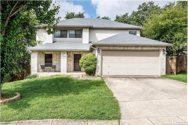 view of front facade with driveway, a garage, fence, and brick siding