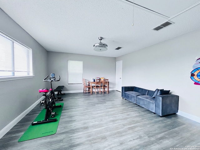 workout room with hardwood / wood-style floors and a textured ceiling