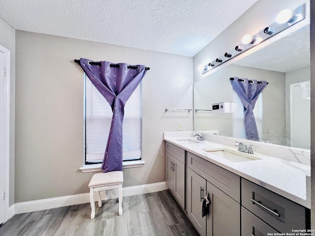 bathroom with double vanity, a sink, a textured ceiling, wood finished floors, and baseboards