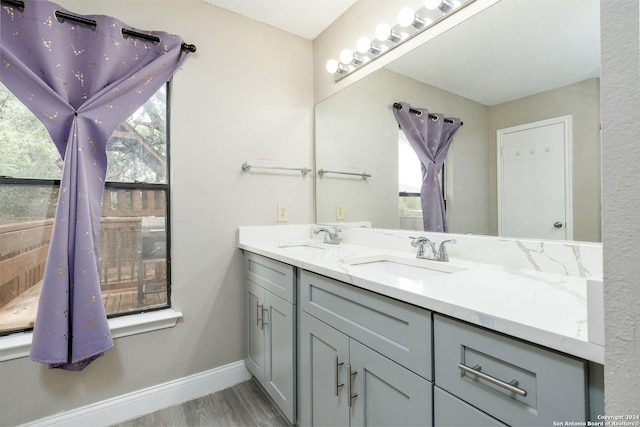 bathroom with double vanity, wood finished floors, a sink, and baseboards