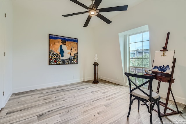 office area featuring ceiling fan and light wood-type flooring