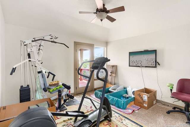 workout room featuring carpet floors and ceiling fan