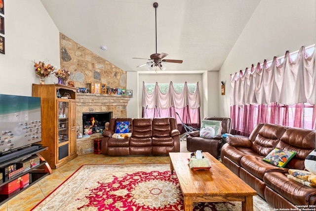 1007 Boulder Cyn, San Antonio, TX 78260 - living area with high vaulted ceiling, a ceiling fan, tile patterned flooring, and a fireplace