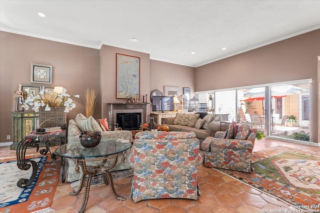 tiled living room with crown molding