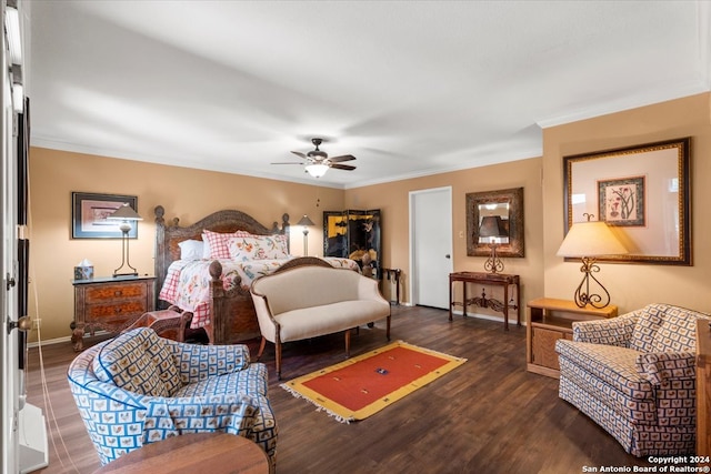 bedroom with ceiling fan, crown molding, and dark wood-type flooring