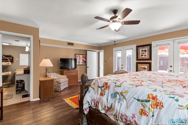 bedroom with french doors, access to exterior, ceiling fan, dark hardwood / wood-style floors, and ornamental molding