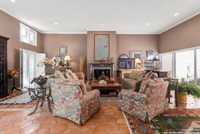 tiled living room featuring ornamental molding