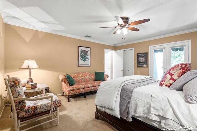 bedroom with crown molding, carpet flooring, french doors, and ceiling fan