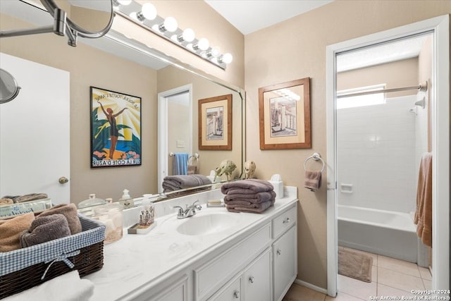 bathroom with tub / shower combination, vanity, and tile patterned floors