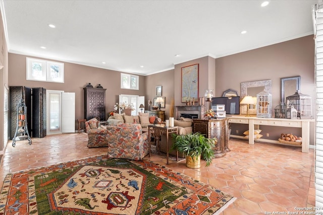 tiled living room with ornamental molding