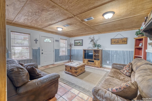 living room with wooden ceiling