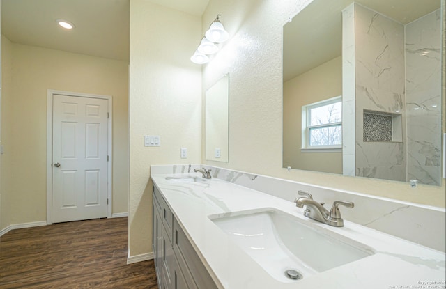 bathroom with hardwood / wood-style flooring and vanity