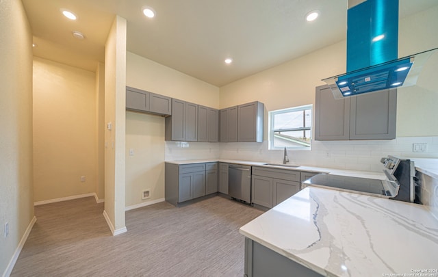 kitchen with sink, island range hood, range, gray cabinets, and dishwasher