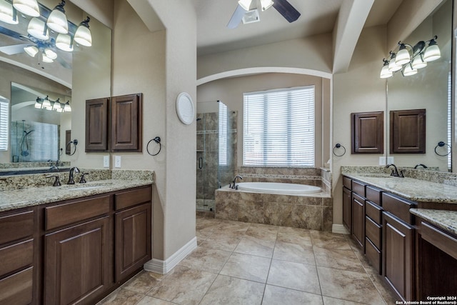 bathroom with ceiling fan, vanity, independent shower and bath, and tile patterned floors