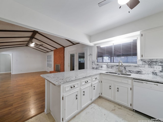 kitchen featuring lofted ceiling with beams, sink, backsplash, dishwasher, and ceiling fan