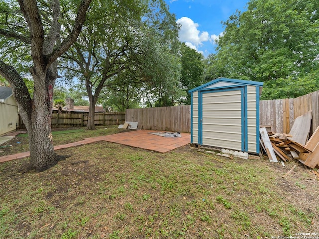 view of yard featuring a patio area and a storage shed