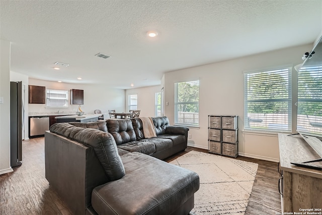 living room with wood-type flooring, a textured ceiling, and plenty of natural light