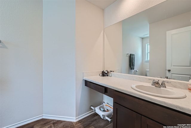 bathroom with vanity, wood-type flooring, and toilet