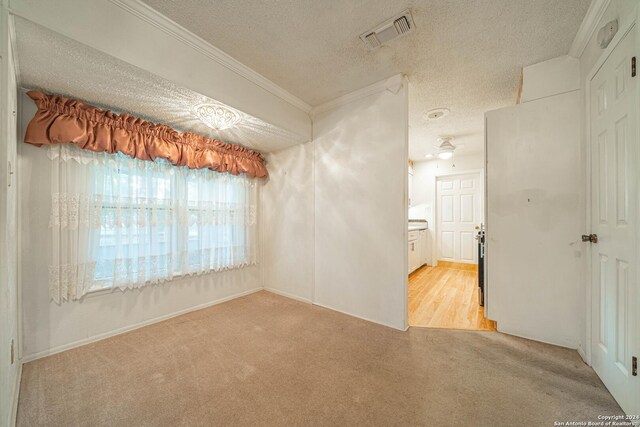 spare room featuring ceiling fan, a textured ceiling, light colored carpet, and crown molding